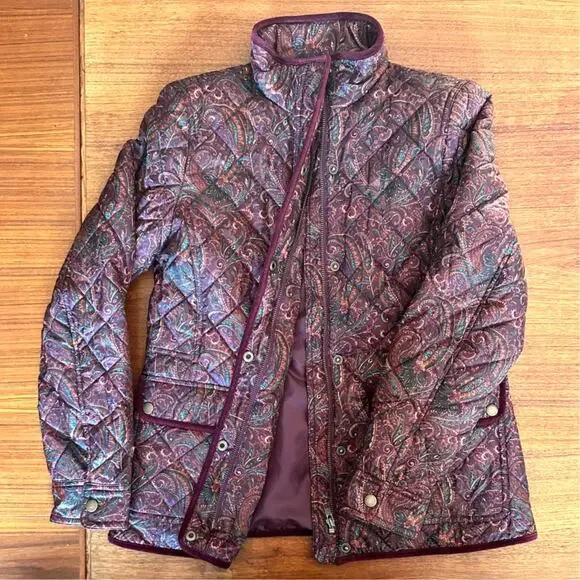 Talbots Quilted Jacket Sz XS Womens Paisley Maroon Purple Snap Zip Lightweight - Picture 2 of 10